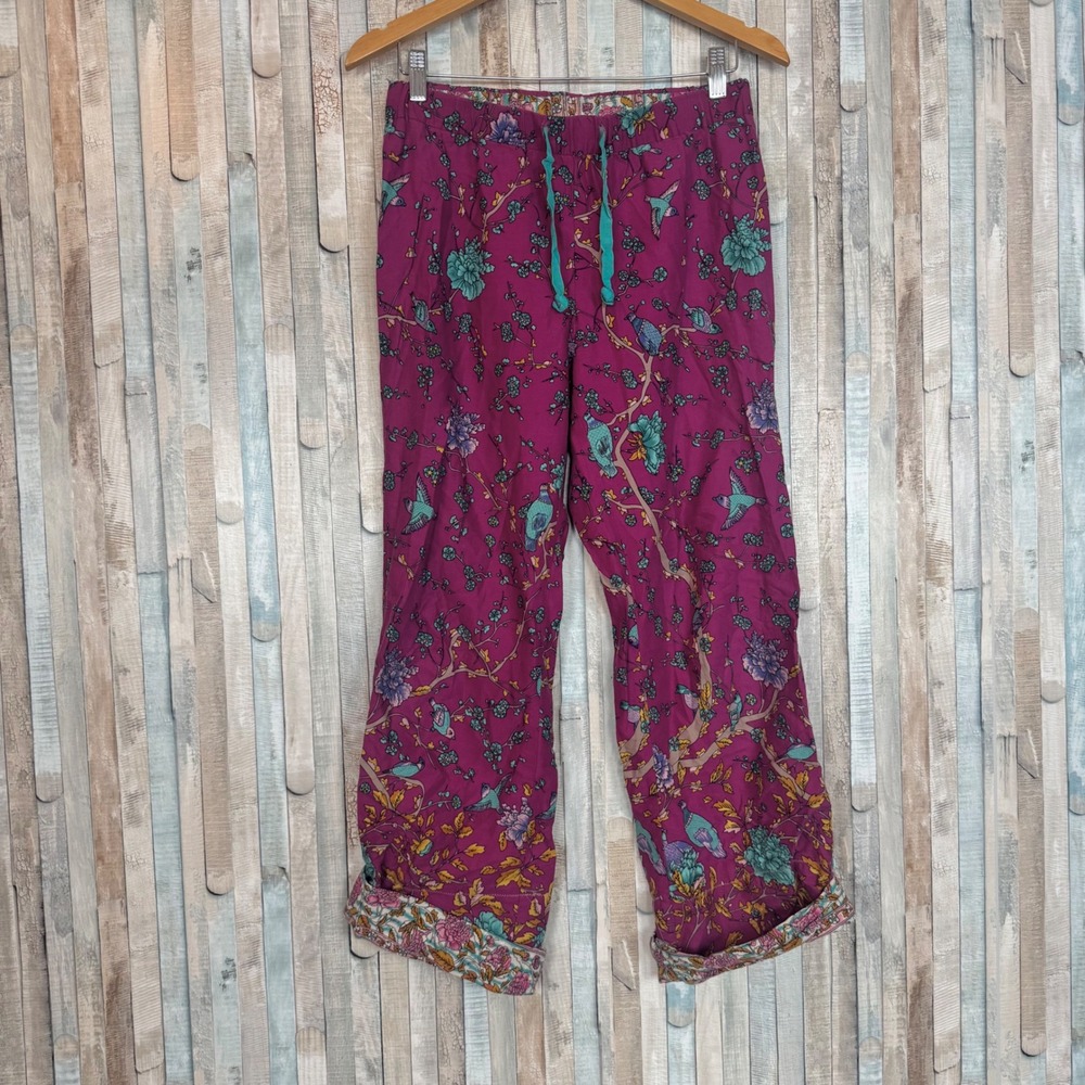 Anthropologie Eloise Pajama Pants XS Magenta Bird Floral Cotton Sleep Wide Leg